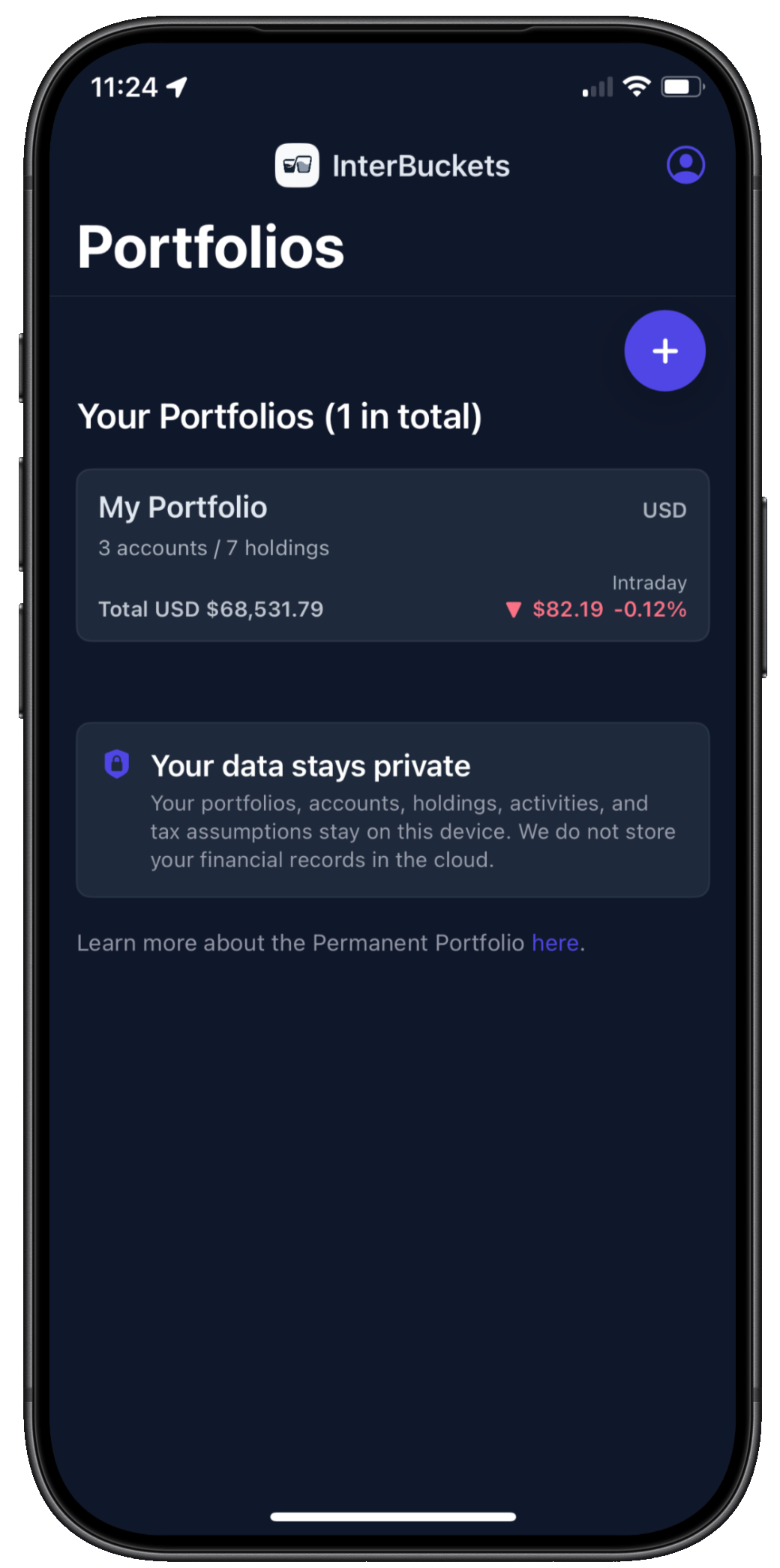 InterBuckets sample portfolio screen with a privacy message beneath the portfolio summary.