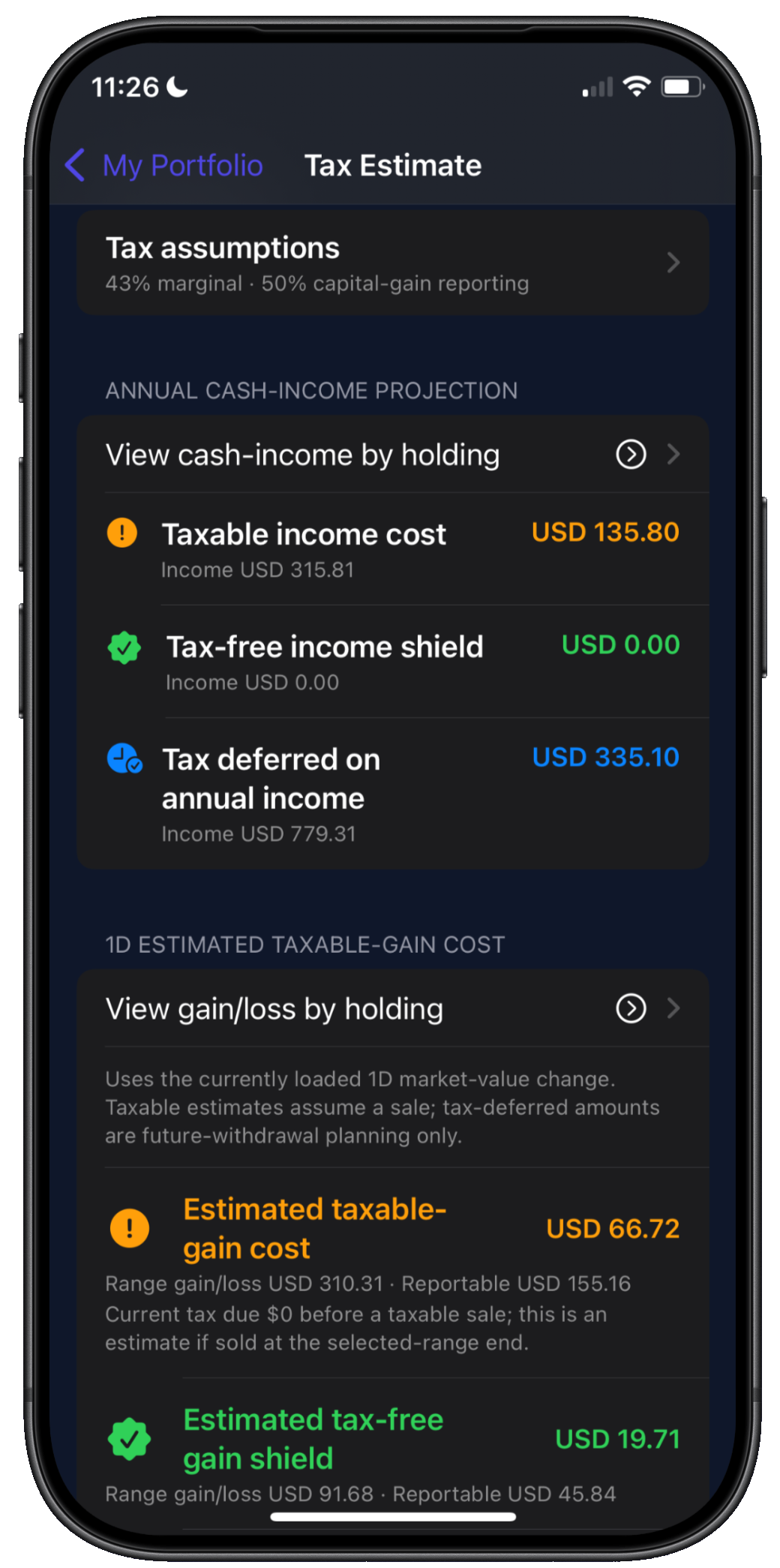 InterBuckets sample tax-estimate screen showing tax assumptions, annual cash-income projections, a taxable-gain estimate that requires price history, and stated limitations.