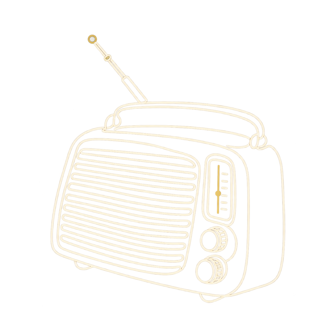 A continuous-line sketch of a vintage portable radio with an antenna, carry handle, speaker grille, tuning window, and two knobs.