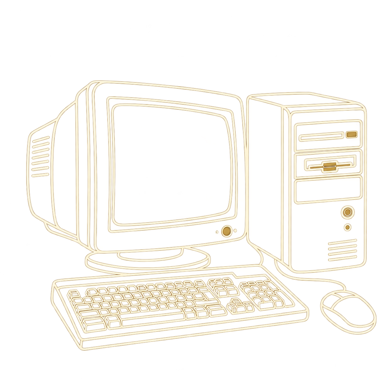 A continuous-line sketch of a 1990s 586-era desktop computer with a CRT monitor, tower, keyboard, and mouse.